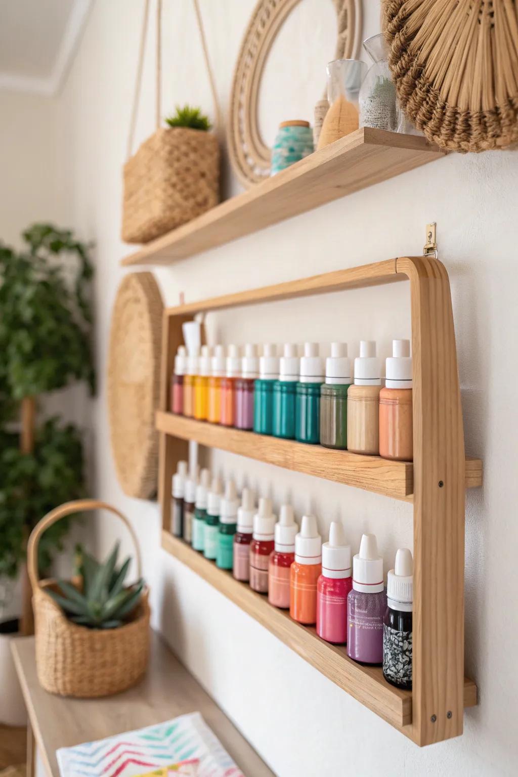 Transform your craft space into a vibrant gallery with stylish wall-mounted shelves. 🎨✨