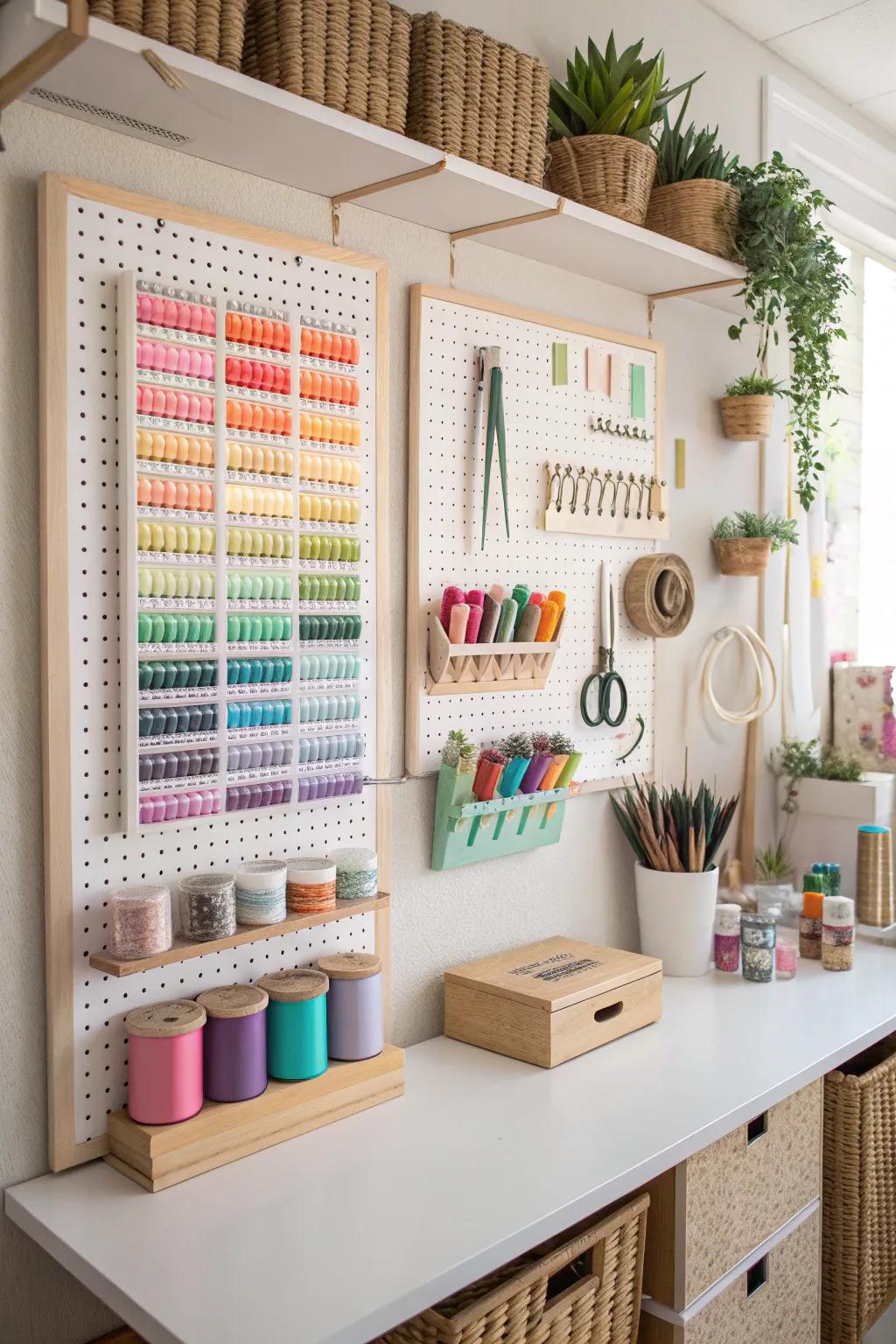 Transform your craft space into a haven of creativity with a color-coded pegboard that blends Scandinavian simplicity with Boho flair.
