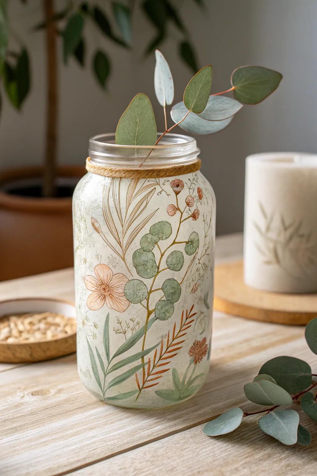 Transform everyday jars into artful decor with nature-inspired designs. 🌿✨ #CraftsForAdults #ScandiBoho #DIYDecor