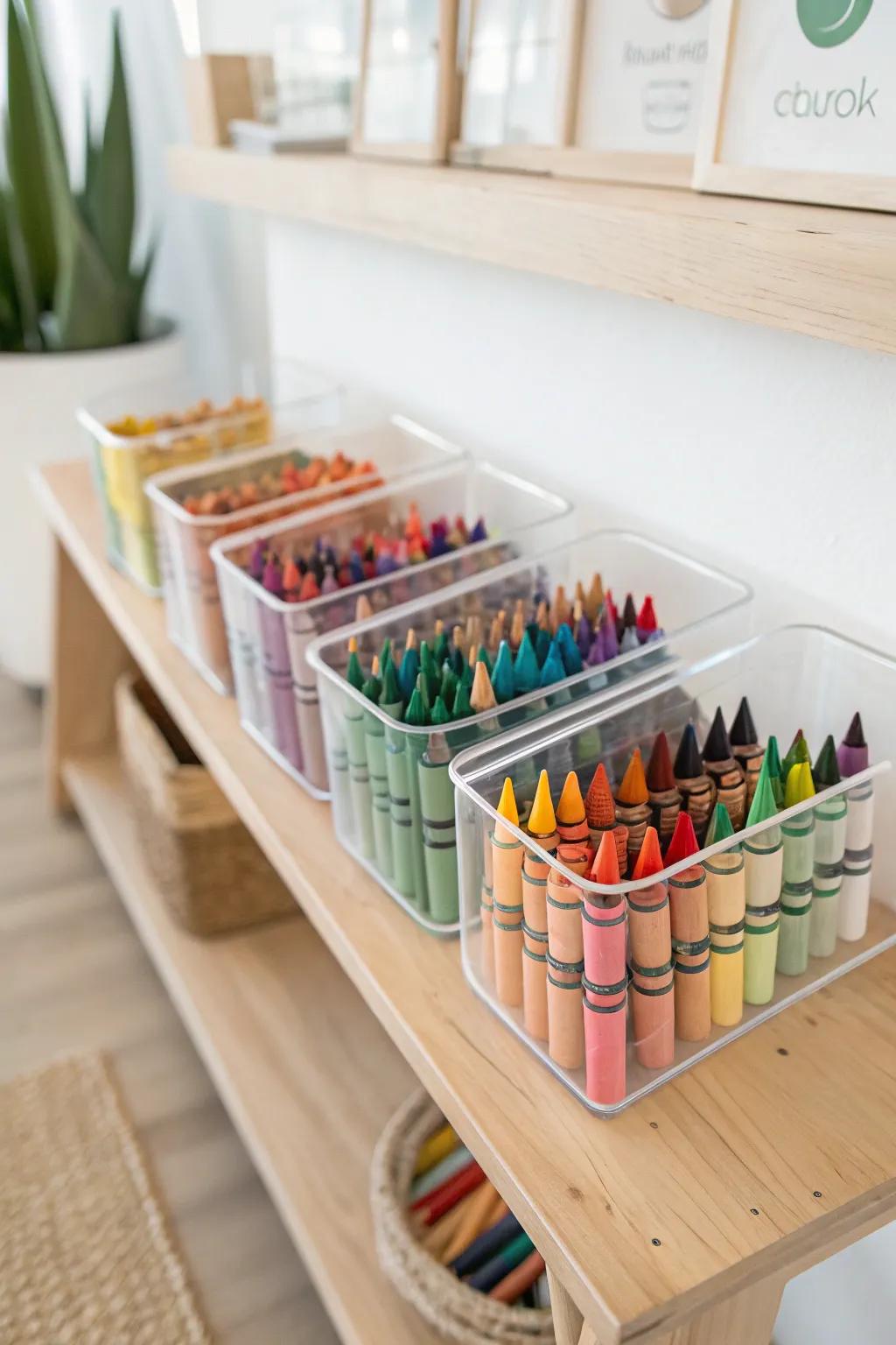Simplify and beautify your space with clear bins for colorful crayon storage.