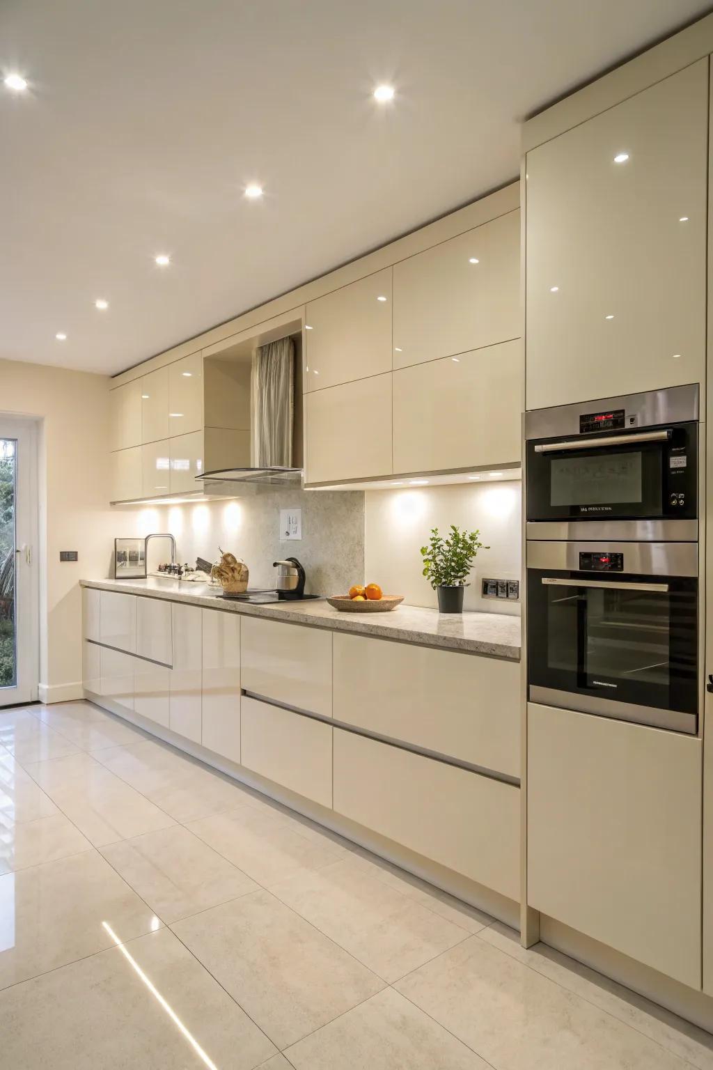 Sleek handleless cabinets in a cream gloss finish, offering a seamless, modern look.