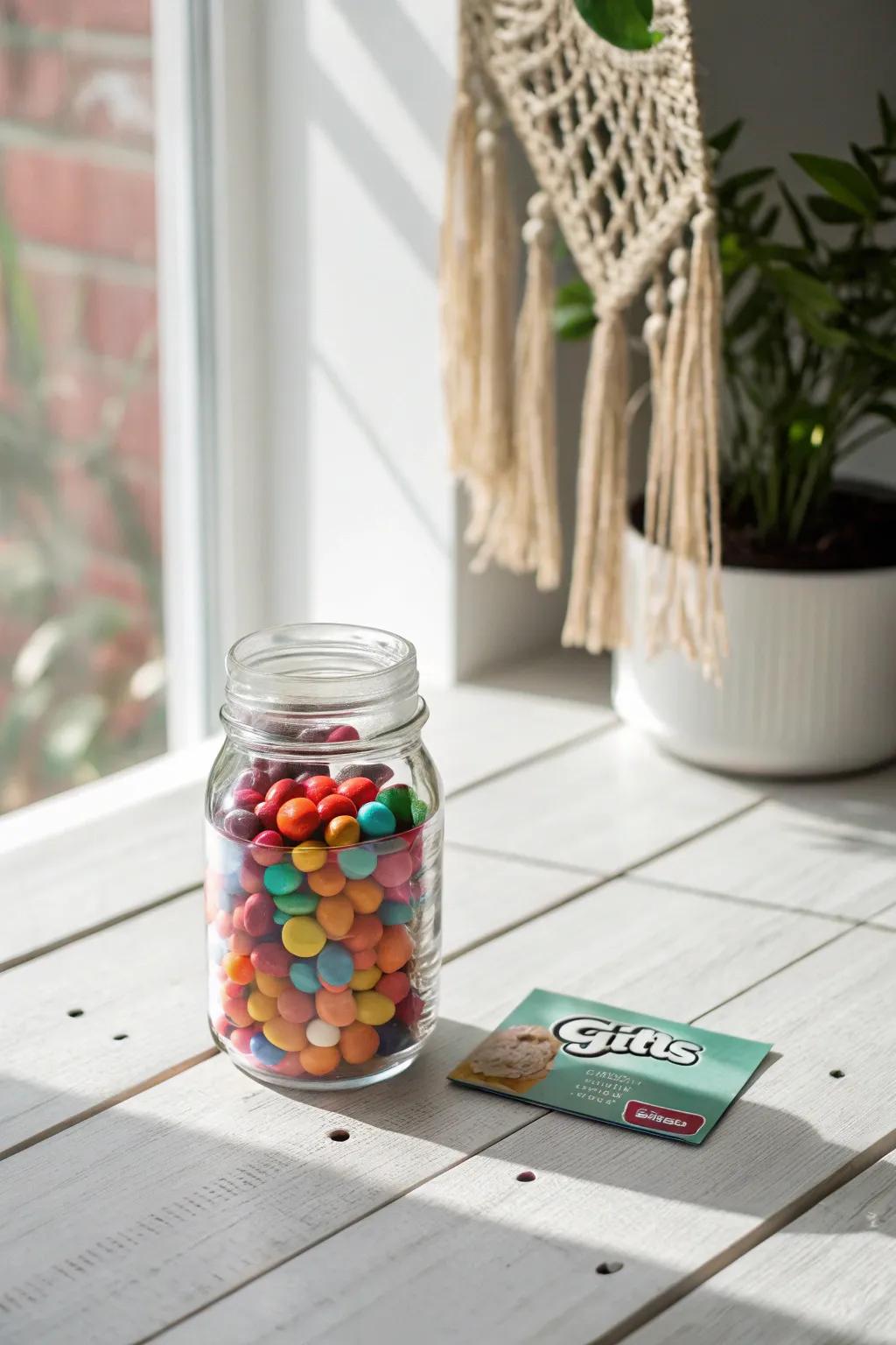 Sweet Surprises: Elevate your gift card presentation with a charming mason jar filled with colorful treats!