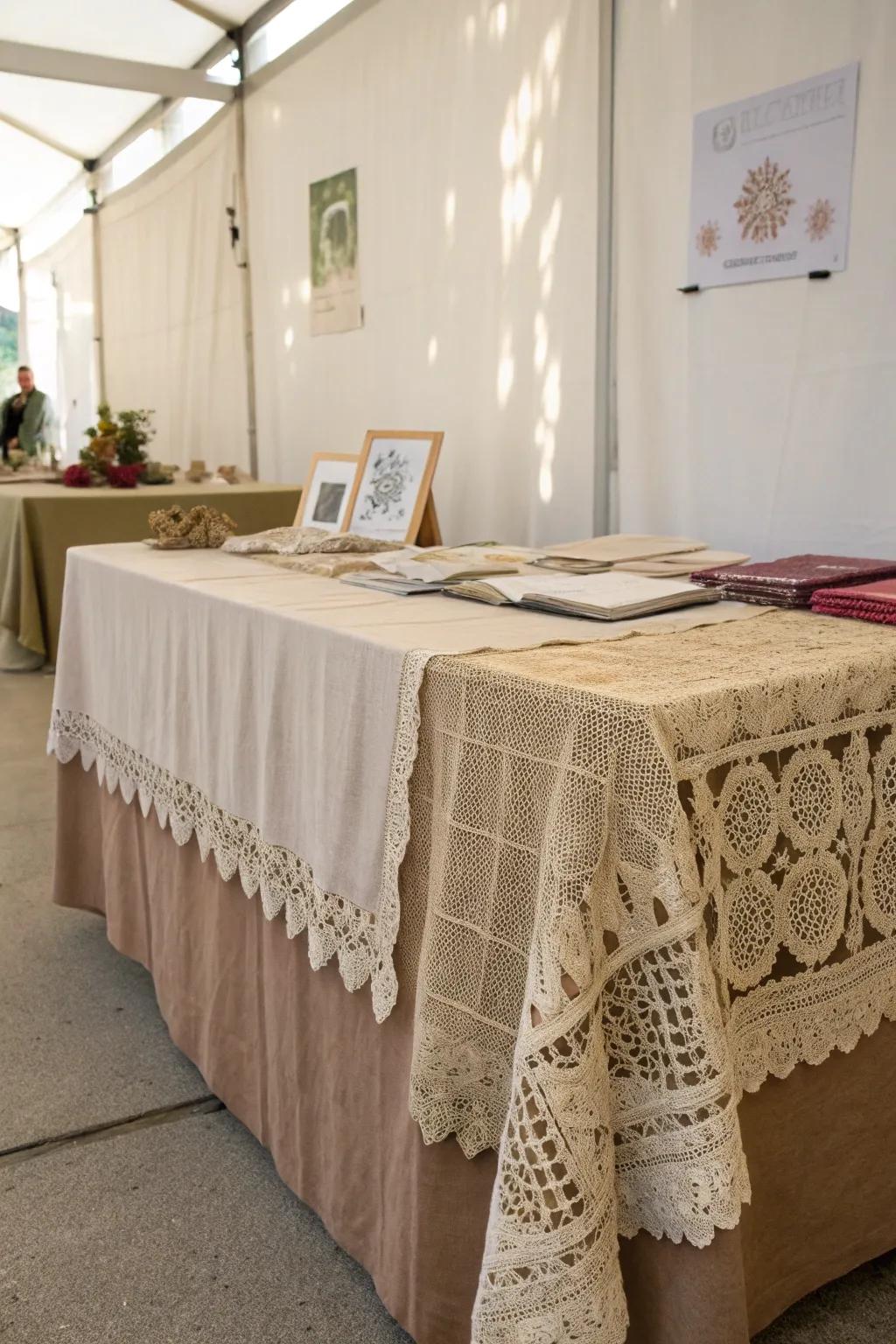 Elevate your craft fair display with layered tablecloths for that cozy, vintage charm. #CraftFairElegance