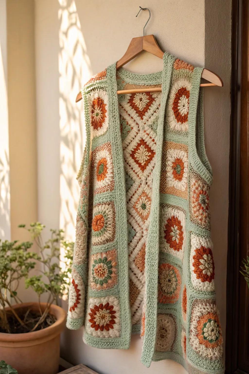 Embrace the nostalgic charm of granny squares with this beautifully handcrafted crochet vest. A perfect blend of simplicity and artistry for the modern boho soul.