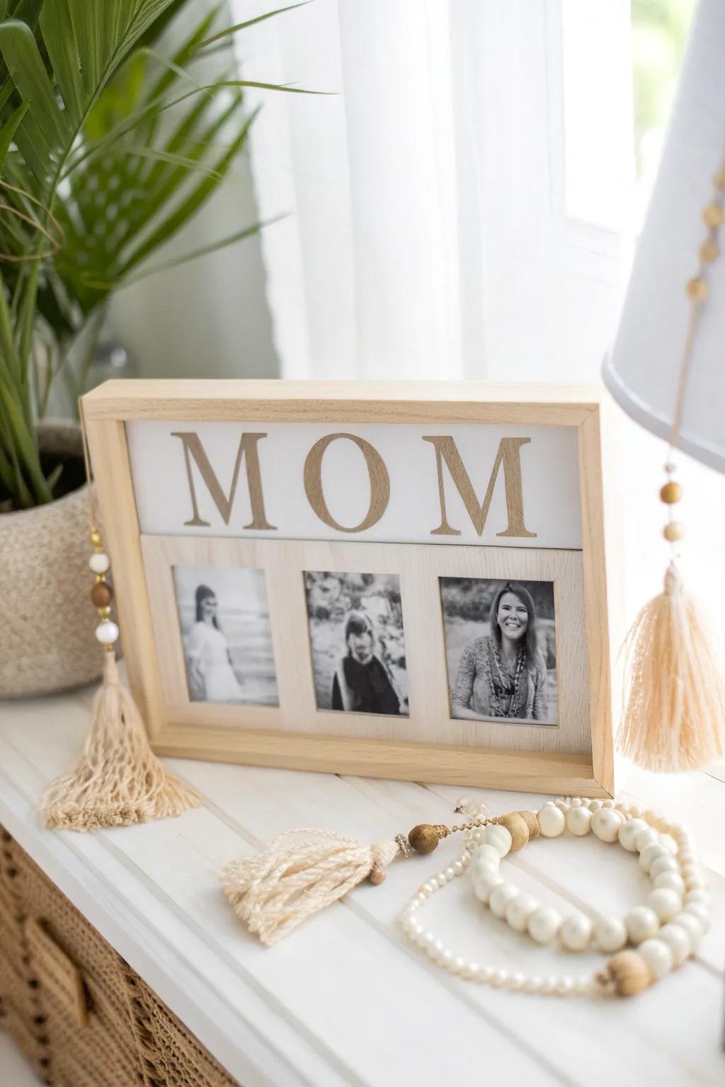 Capture memories beautifully with a custom photo frame that spells 'MOM'.
