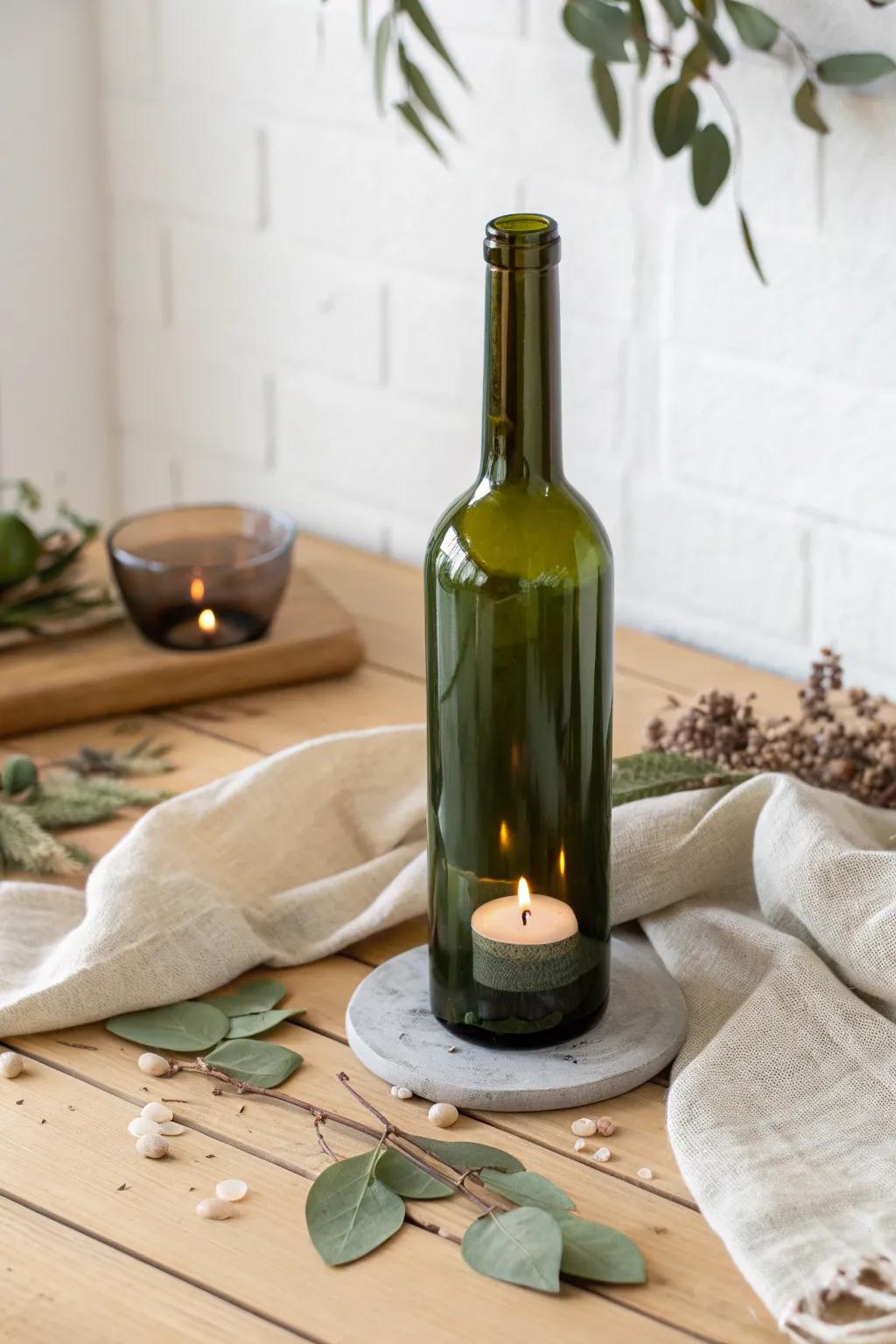 Transform your space with elegant candle holders crafted from upcycled wine bottles, blending Scandinavian simplicity with Boho charm.