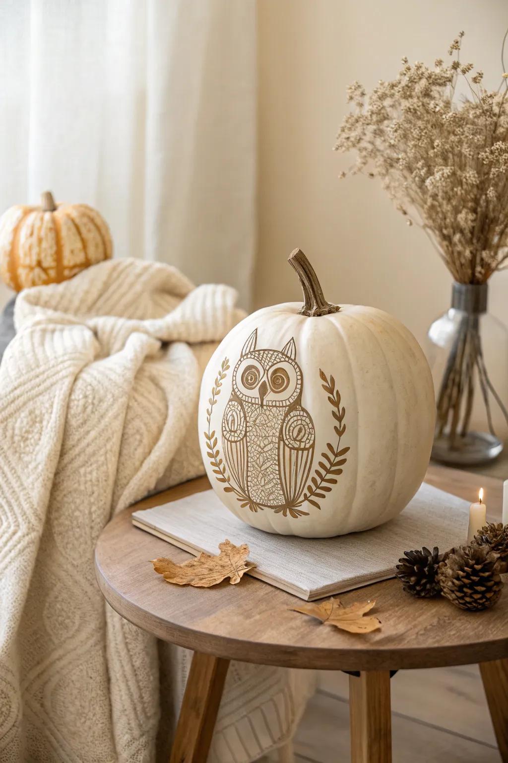 Embrace the art of simplicity with this charming owl pumpkin, a perfect blend of Scandinavian minimalism and Boho flair.