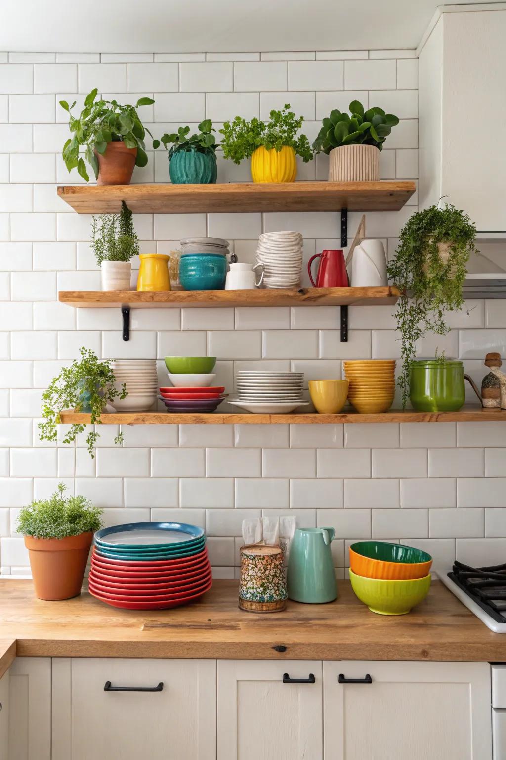 Open shelving adds a personal and airy touch to the kitchen.