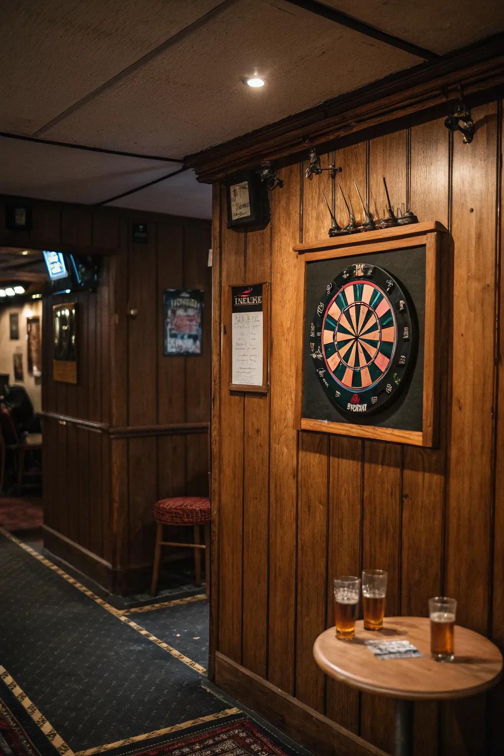 Textured wood panel walls add warmth and focus to your dart room.