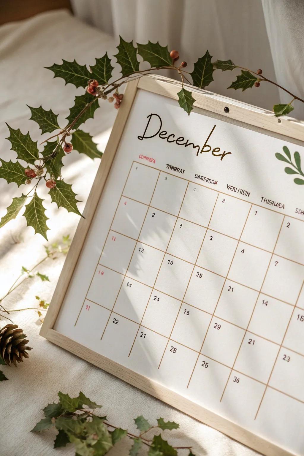 Embrace the festive spirit with a minimalist December calendar that combines elegance and organization.