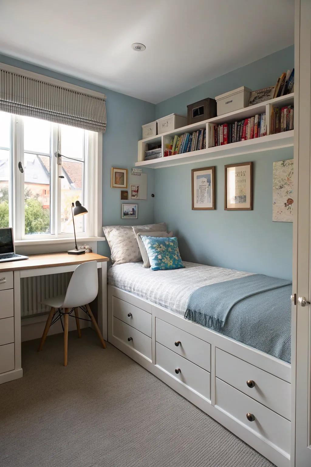 A small bedroom showcasing a bed with storage and a dual-purpose desk.