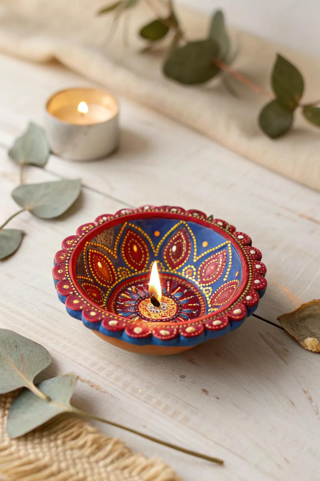 Illuminate your space with handmade beauty: a vibrant, hand-painted diya perfect for Diwali.