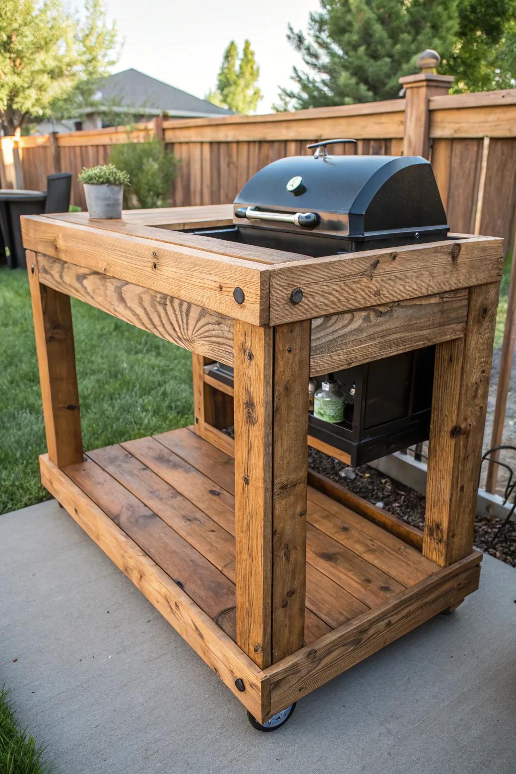 Elevate your grilling game with a custom-built wooden frame that combines rustic charm and sustainable craftsmanship.