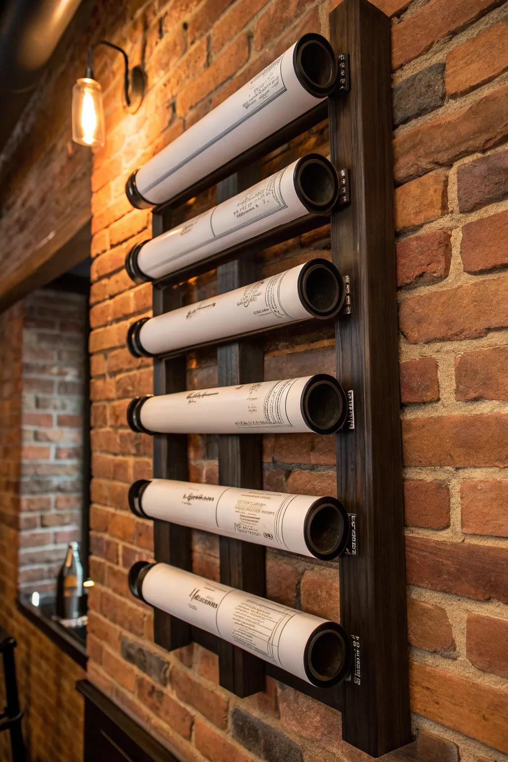 Transform your workspace into a functional art piece with vertical wall-mounted blueprint storage.