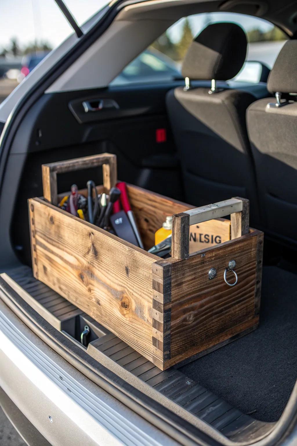 Elevate your trunk organization with a touch of rustic charm using repurposed wooden crates.