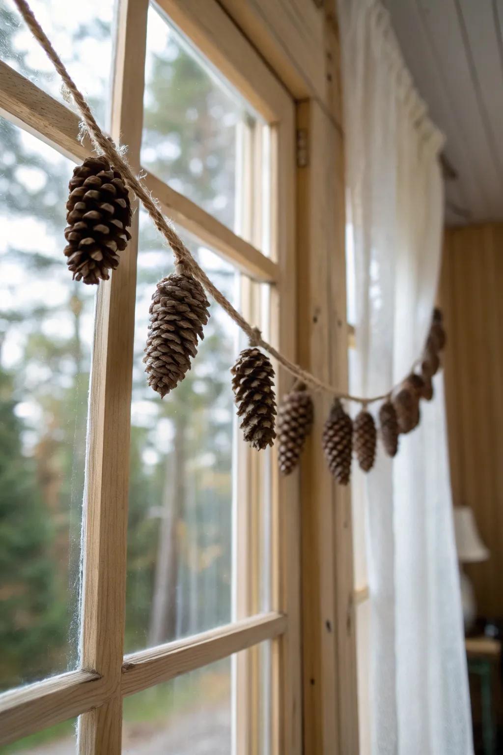 Bring rustic charm to your window with a DIY pinecone garland, perfect for cozy holiday vibes!