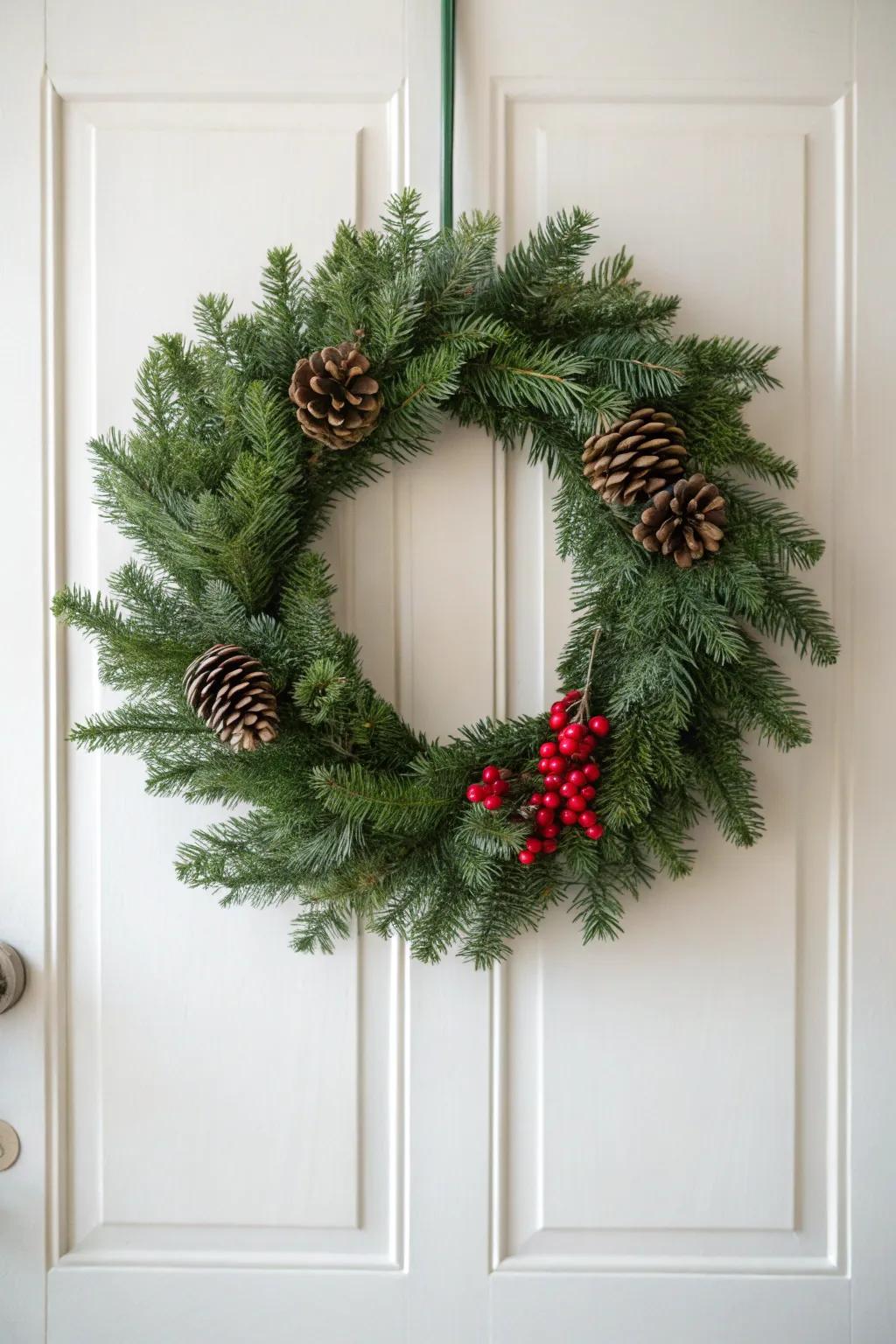 Embrace the serene beauty of a handcrafted Christmas wreath, where simplicity meets festive charm.