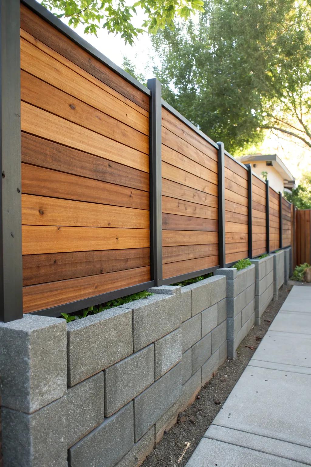 Elevate your outdoor space with a sleek cinder block and cedar wood fence – where modern style meets sturdy craftsmanship.
