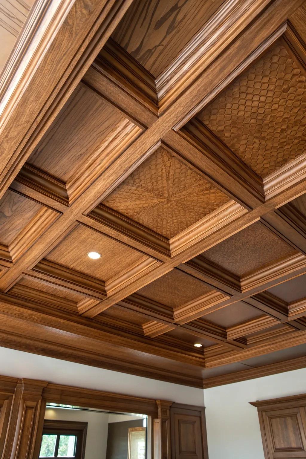 Elevate your space with the timeless charm of a classic wooden grid ceiling.