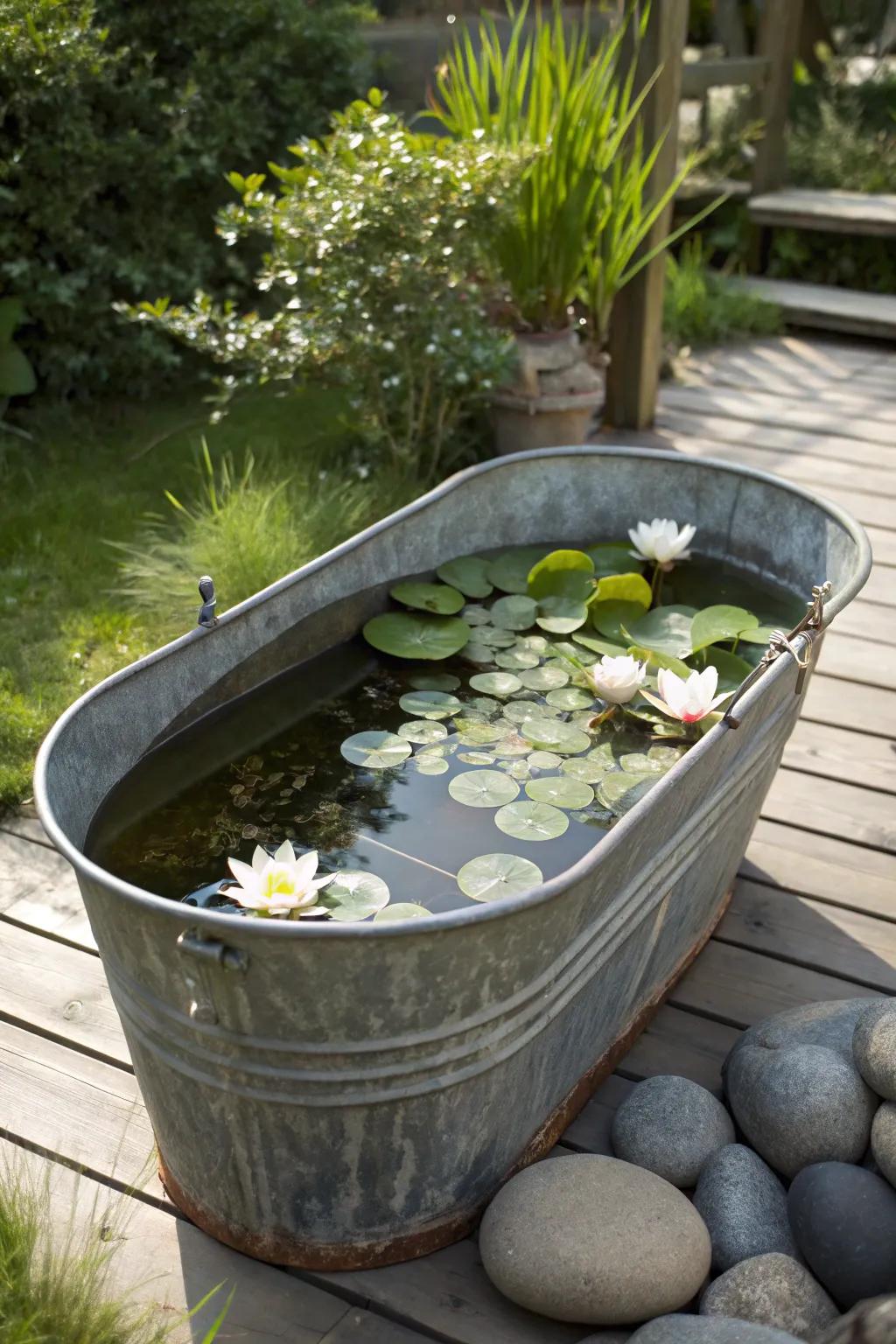Transform your patio with a charming vintage metal tub pond, where simplicity meets elegance.