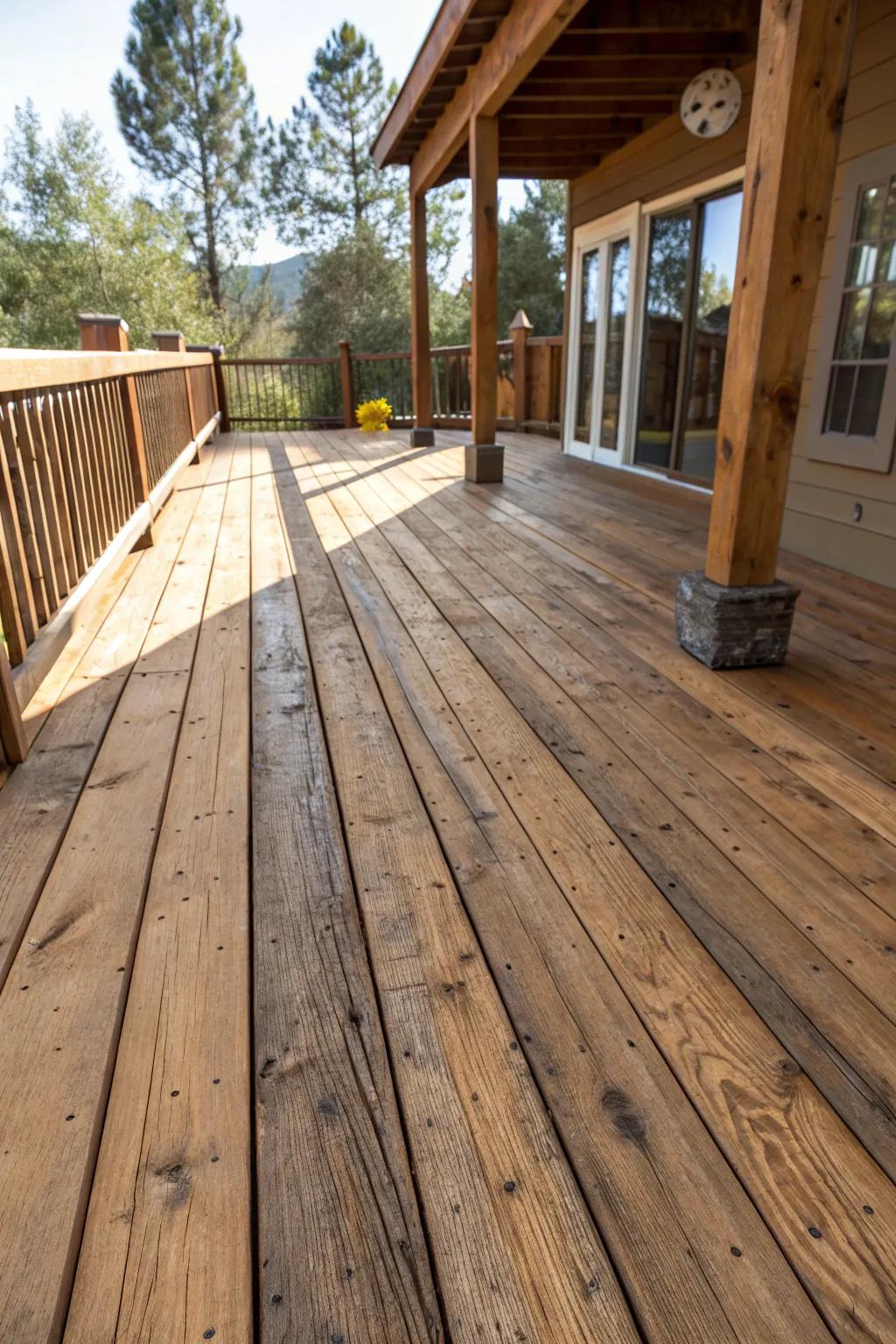 Embrace the rustic charm of a reclaimed wooden deck, where craftsmanship meets character.