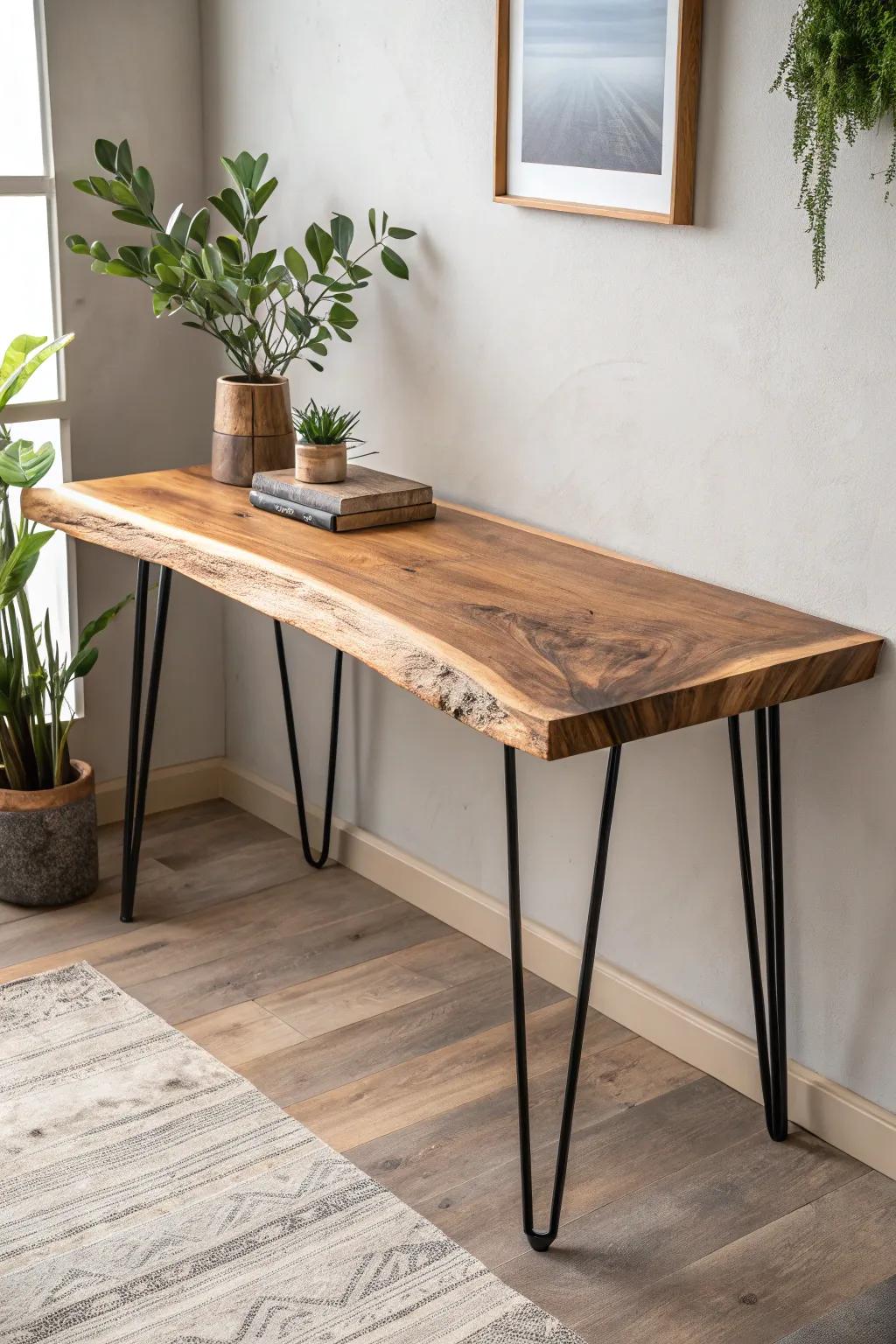 Bring nature into your workspace with this stunning minimalist wood slab desk.