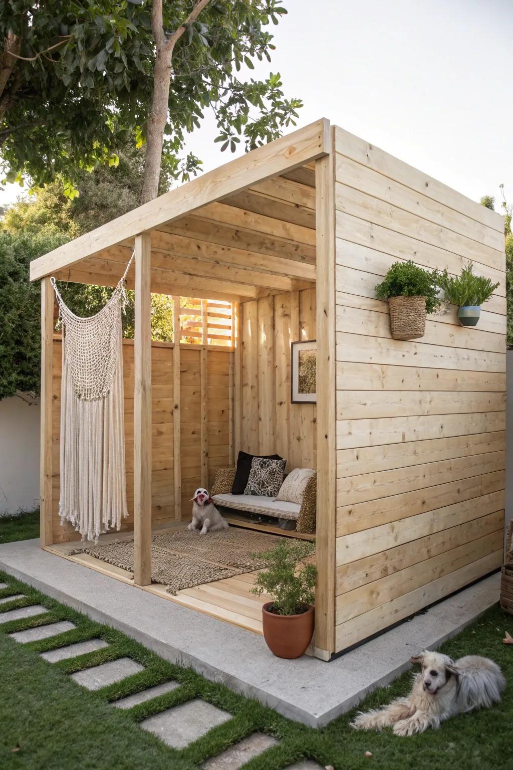 Create a cozy retreat for your furry friend with a DIY wooden cabana, where simplicity meets natural charm.