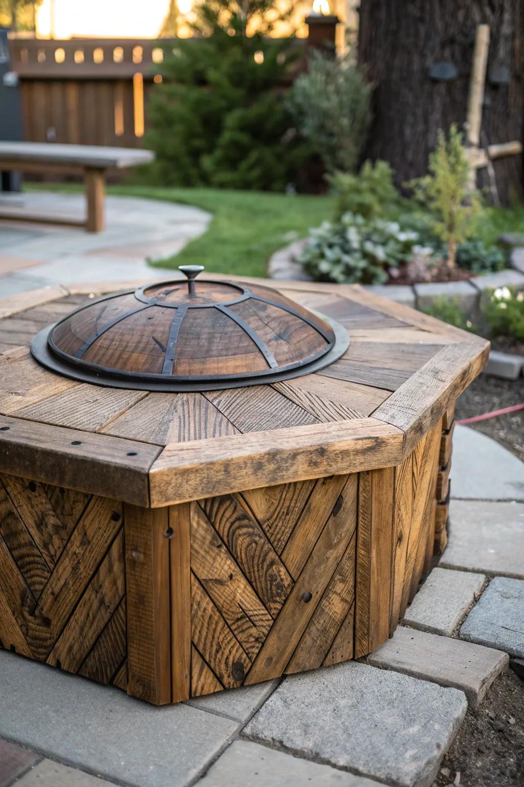 Elevate your backyard charm with a handcrafted rustic wooden firepit cover.