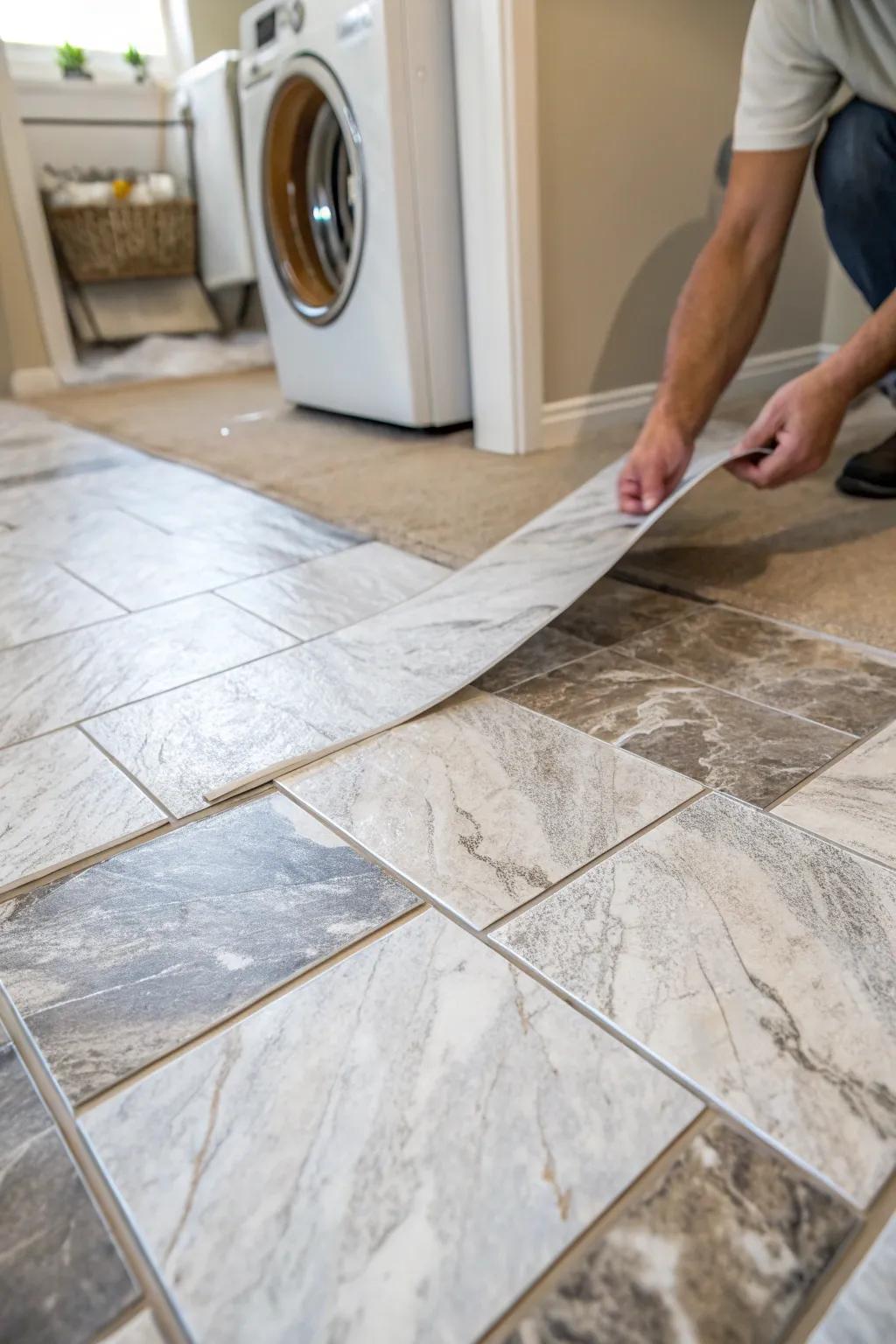 Elevate your space effortlessly with these stunning peel and stick vinyl tiles that mimic real stone craftsmanship.