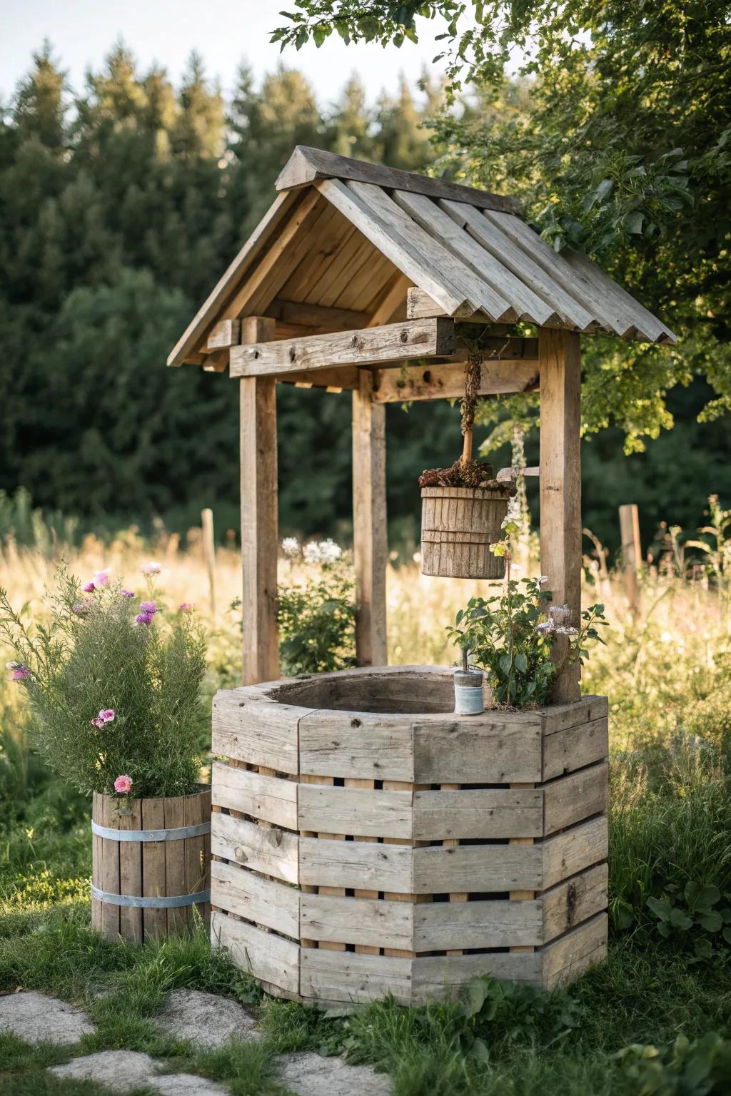 Embrace rustic charm with a DIY wooden wishing well that seamlessly blends craftsmanship and natural beauty.