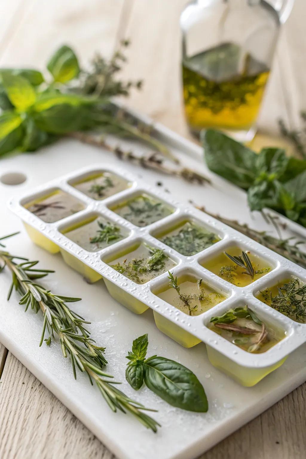 Elevate your cooking with these stunning frozen herb cubes—nature's beauty captured in simplicity.