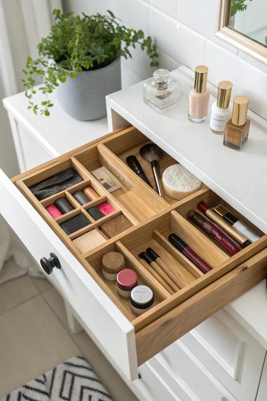 Transform chaos into calm with DIY drawer dividers – the chic solution for your small space makeup storage!