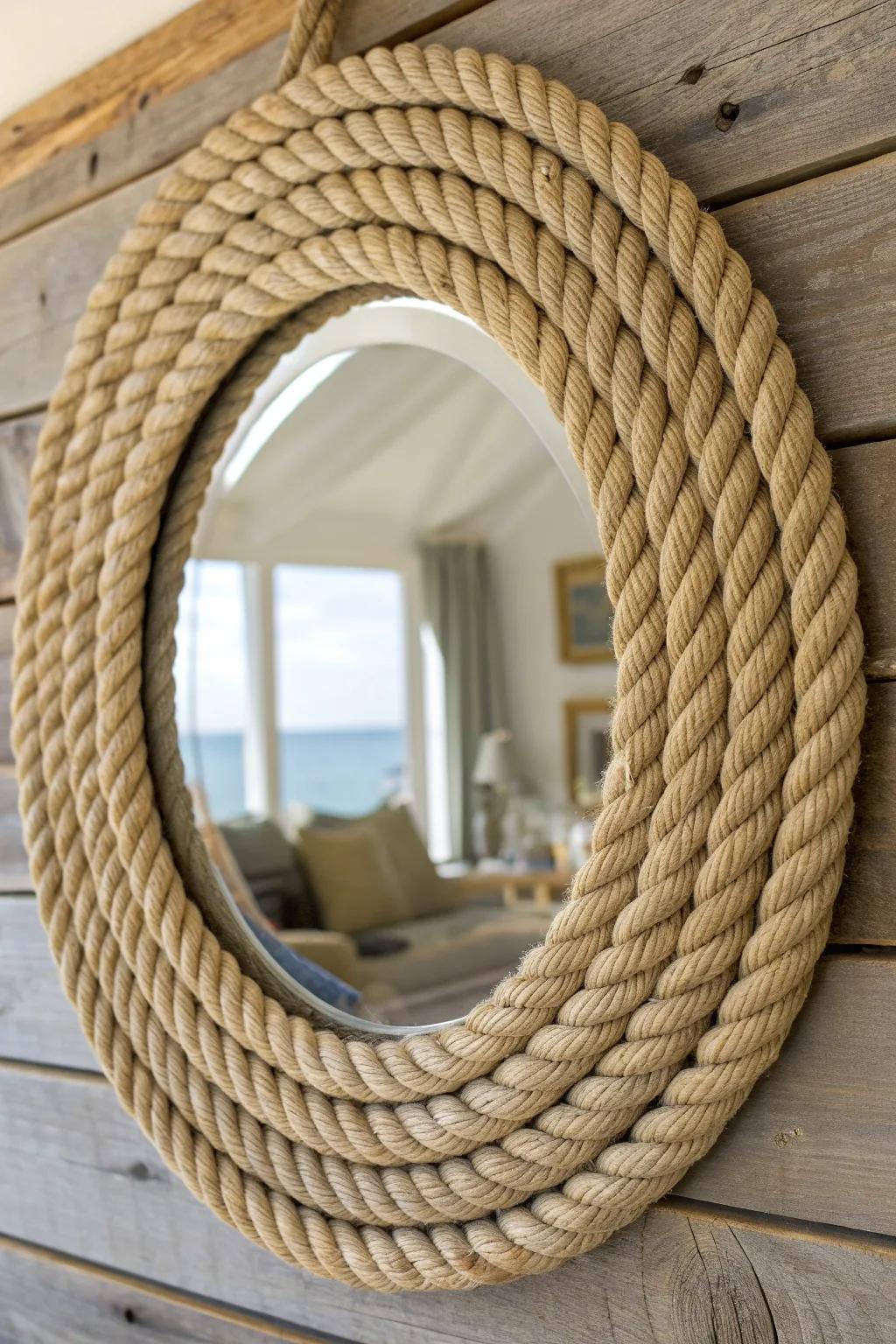 Craft a coastal charm with this exquisite rope-wrapped mirror.