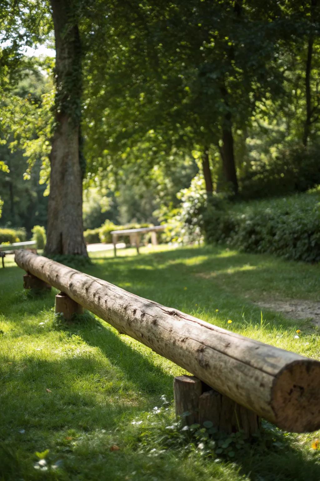 Embrace nature's playground with a handcrafted log balance beam, where adventure meets craftsmanship.