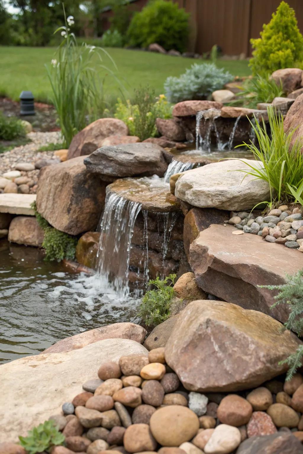 Embrace the art of nature with a handcrafted stone waterfall, the perfect blend of elegance and serenity.