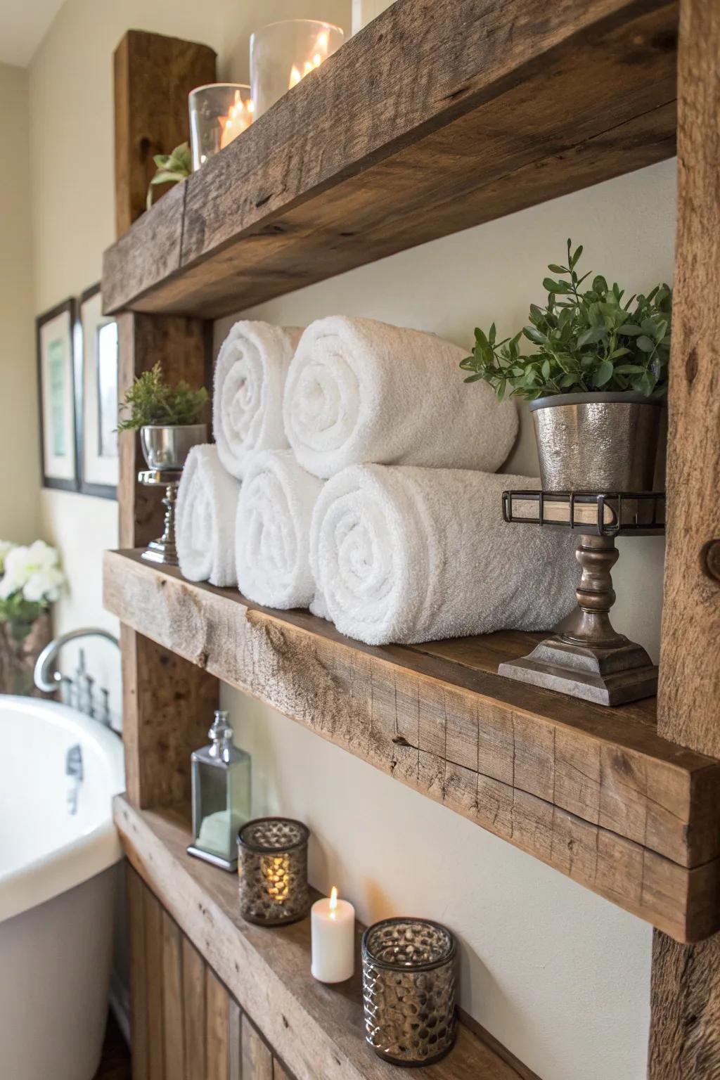 Elevate your bathroom with the timeless charm of reclaimed wood shelving.