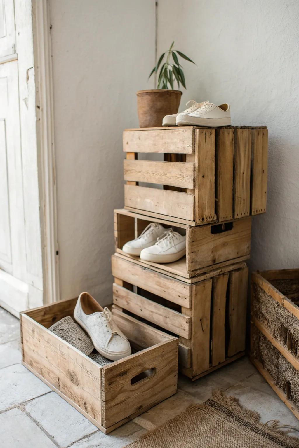 Embrace rustic elegance with this DIY wooden crate shoe rack, perfect for a touch of vintage charm in your home.