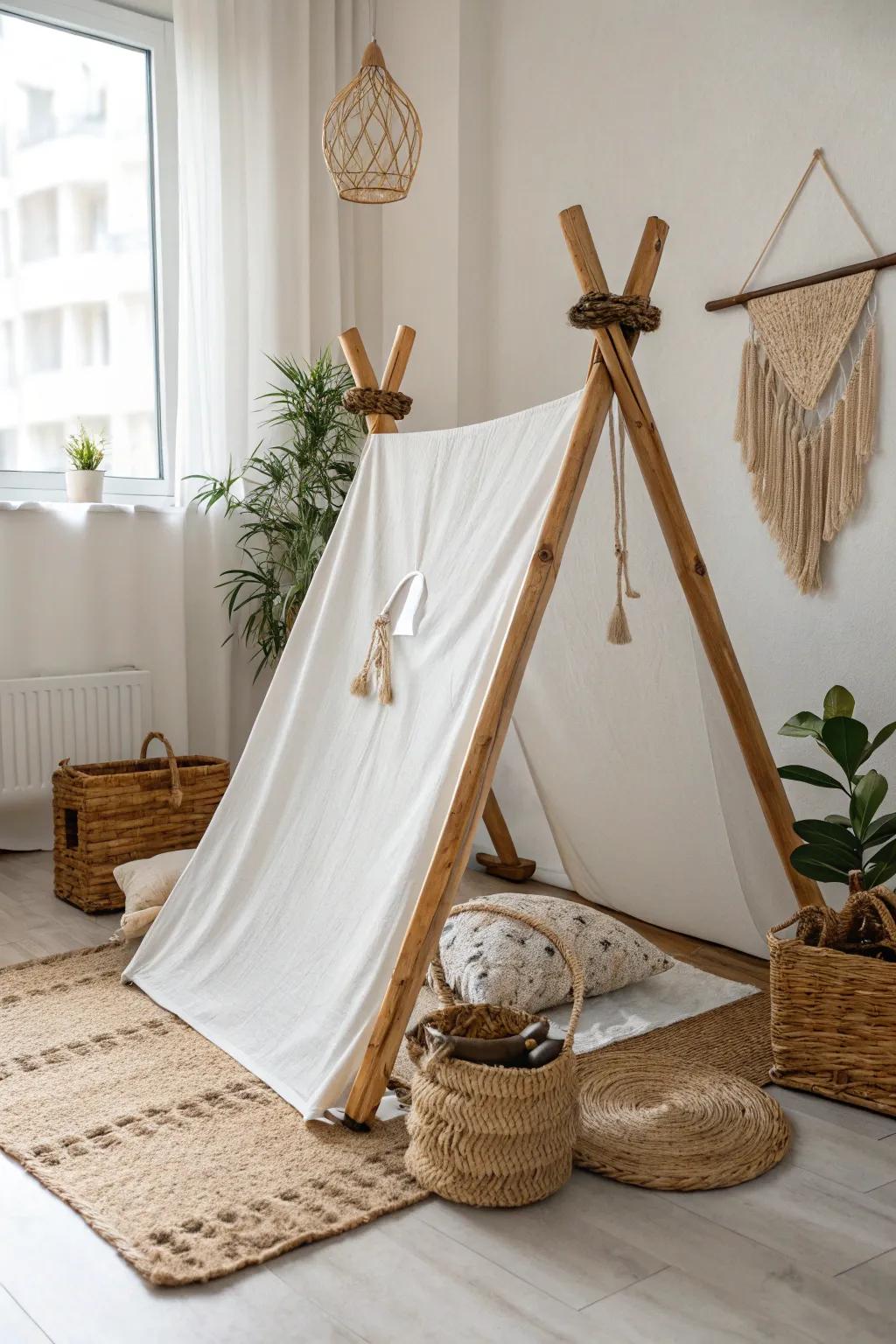 Create a cozy A-frame tent with just a sheet and string—your perfect minimalist retreat!