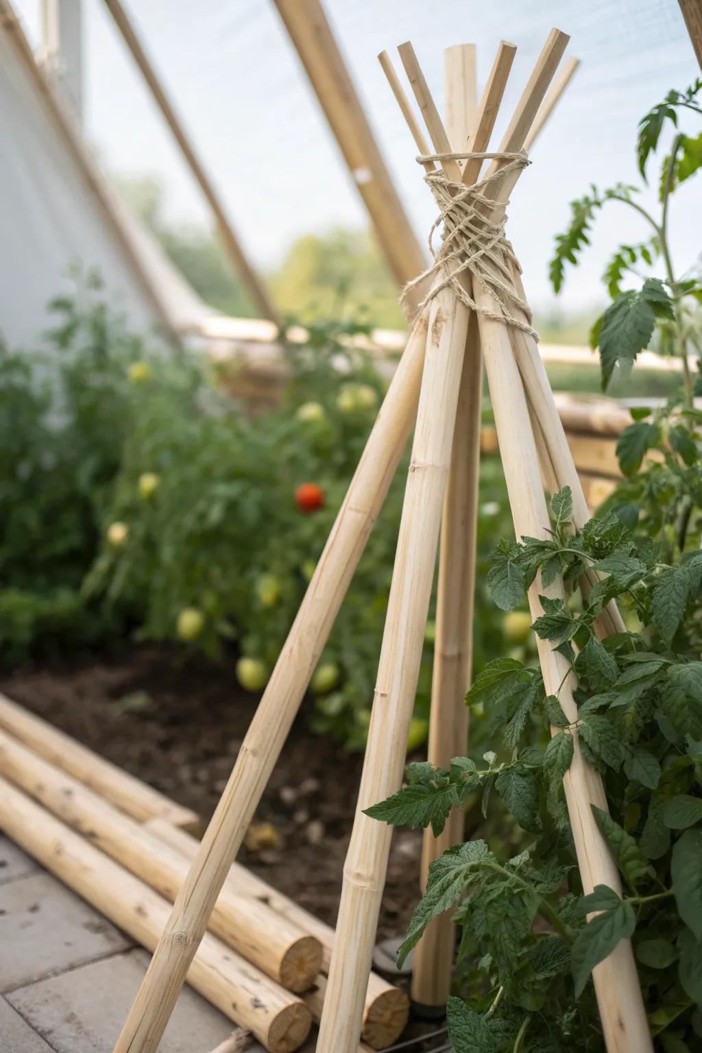 Elevate your garden with a rustic wooden teepee trellis—where simplicity meets natural elegance.