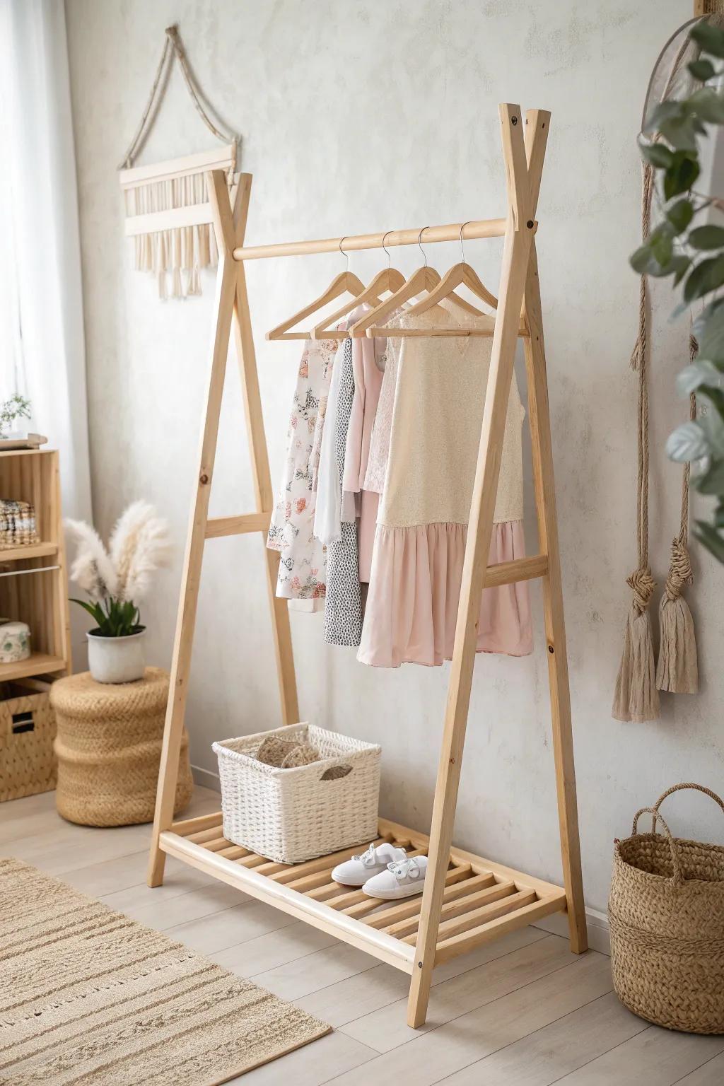Embrace playful elegance with a charming Scandinavian-inspired clothing rack for your little one's costumes.