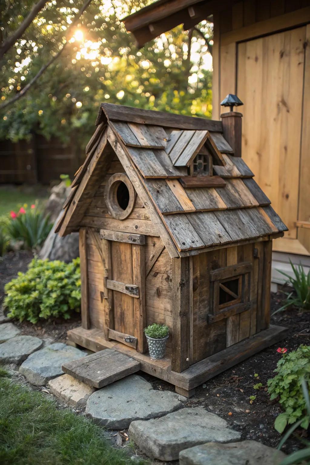 Craftsmanship at its finest: A charming retreat crafted from reclaimed wood, perfect for your feathered friends.