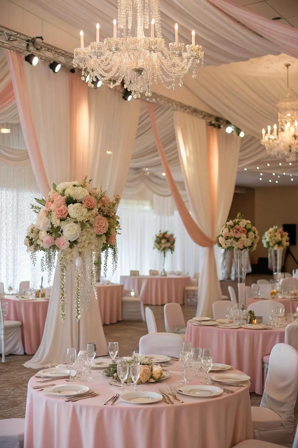 A wedding venue adorned with pastel-colored drapes and elegant table settings.