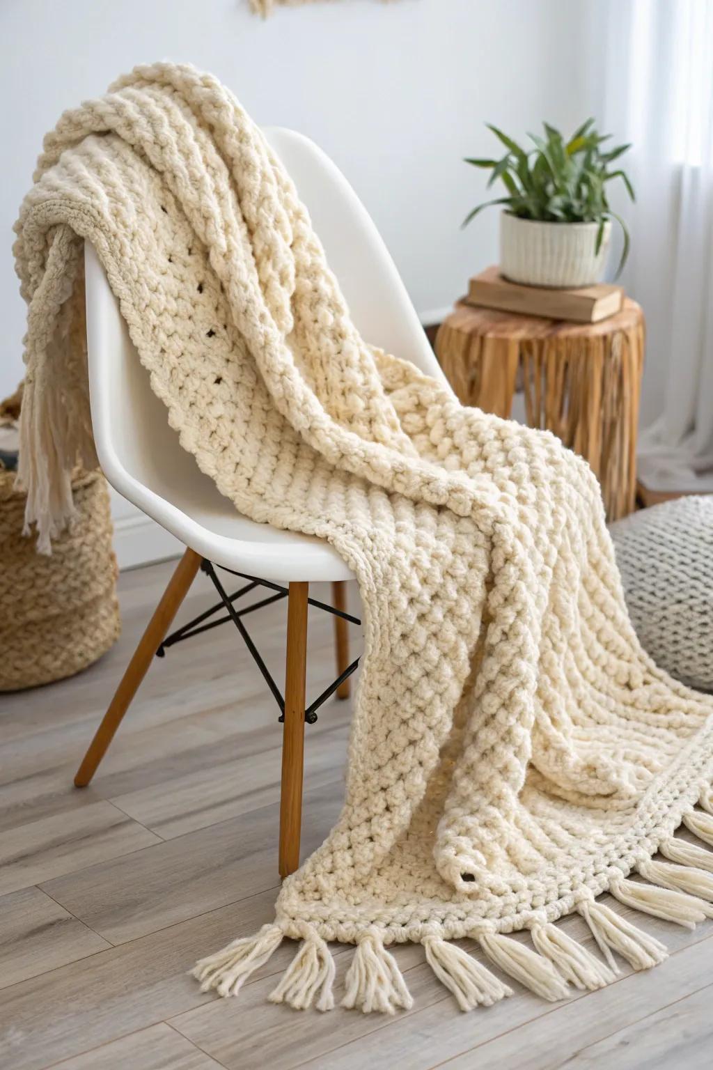Cozy up in style with this chunky crochet blanket, where simplicity meets luxurious comfort.