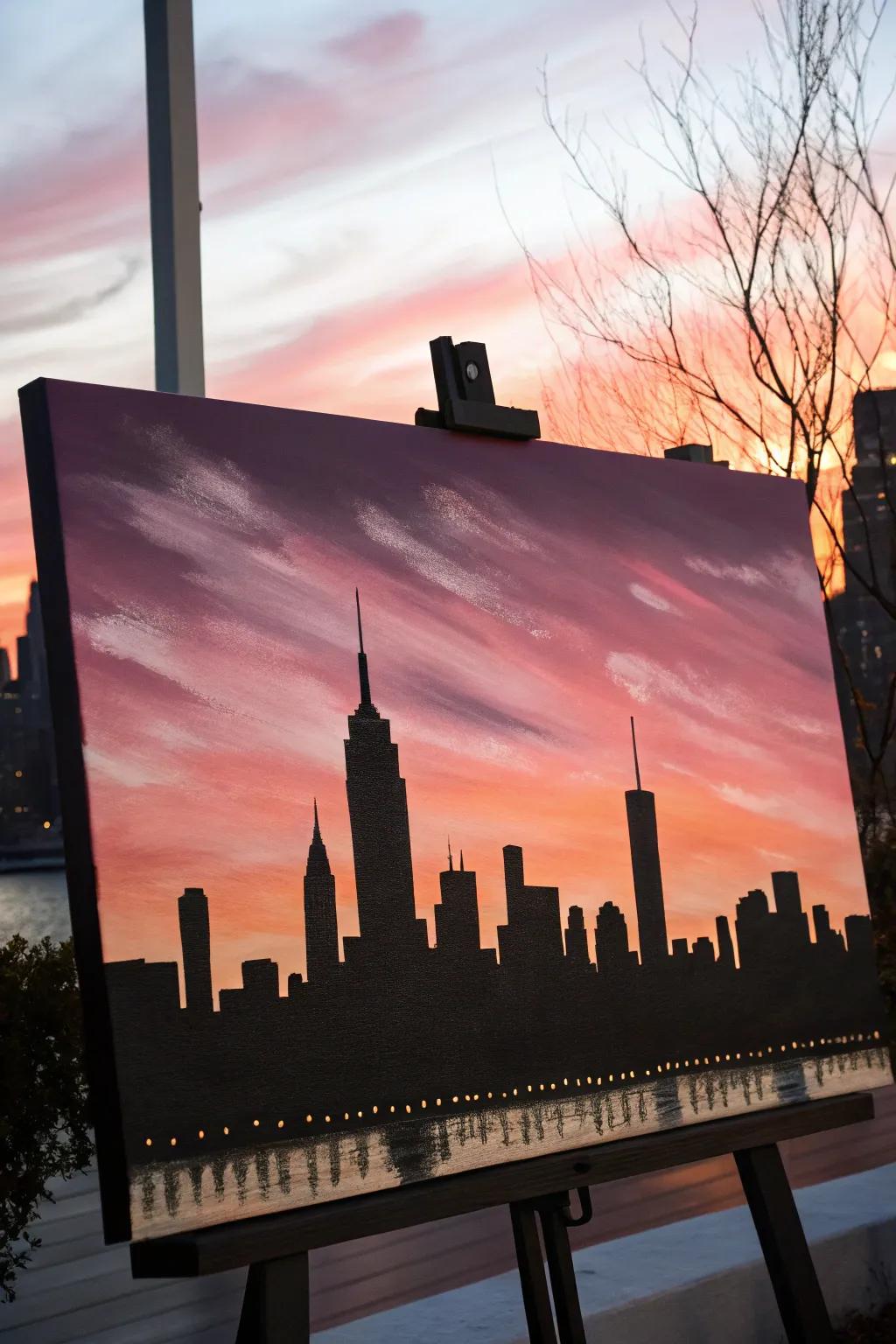 Craft simple elegance with vibrant silhouettes—where city skylines meet the magic of a sunset sky.