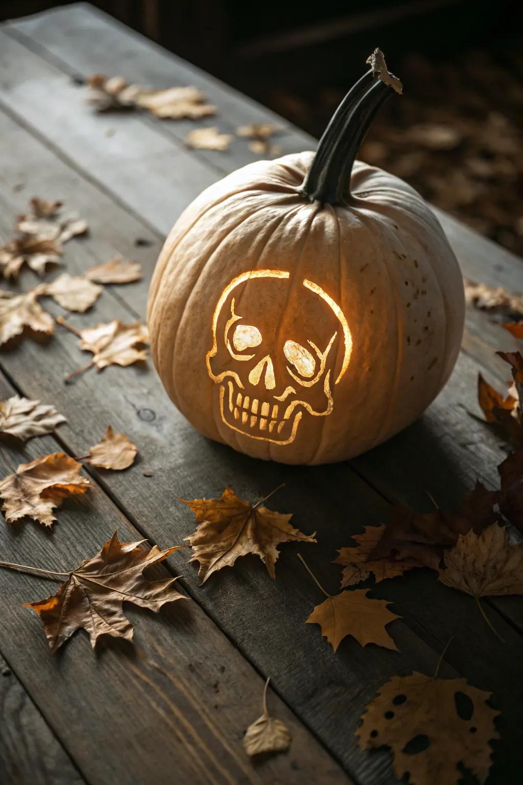 Master the art of simplicity with this beginner-friendly skull carving, perfect for a hauntingly elegant autumn display.