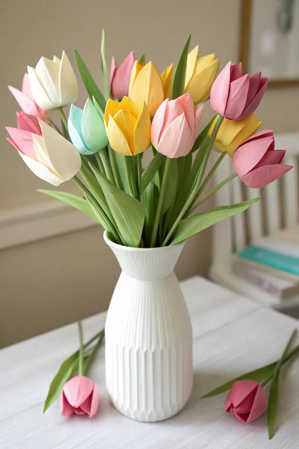 Brighten your space with a handcrafted paper tulip bouquet, where spring colors meet minimalist design.