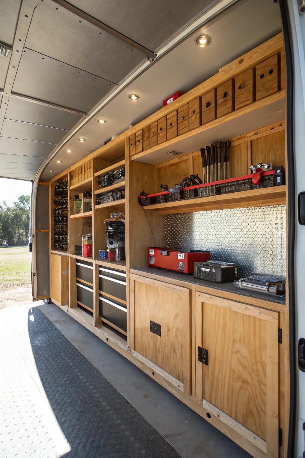 Transform your trailer into a masterpiece of organization with custom shelving that speaks to the art of craftsmanship.