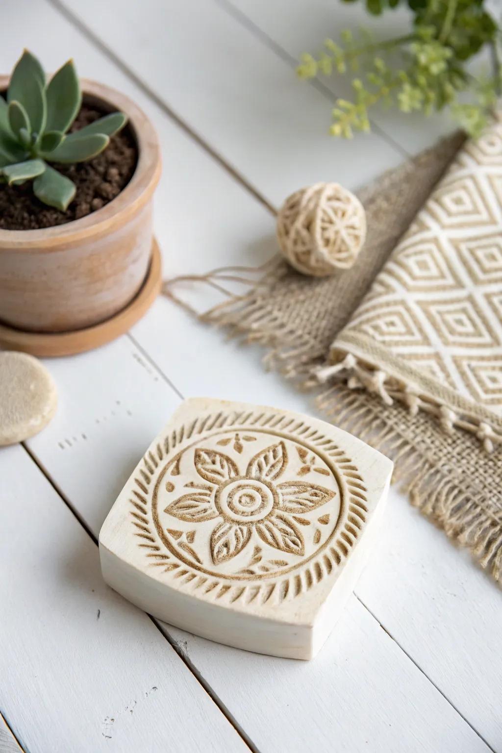 Embrace the beauty of nature with hand-carved floral stamps that add a touch of spring to any creation.