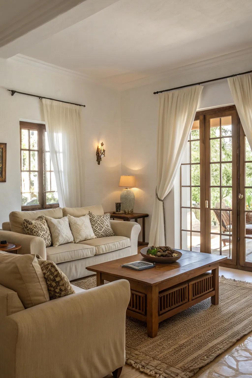 Neutral tones create a calming atmosphere in this European-inspired living room.