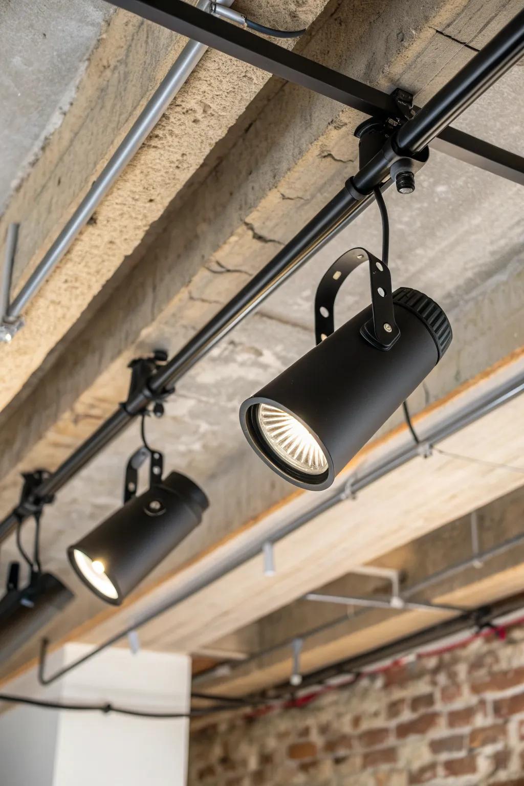 Illuminate your space with the industrial elegance of track lighting on an exposed ceiling.